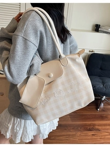 Beige plaid tote bag with cute cartoon embroidery for daily commute and campus use