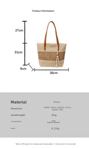Tabella delle taglie dettagliata per la borsa tote intrecciata con misure 36x31x9cm e nappine