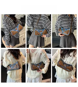 Detail shots of retro baguette bag with blue camo jacquard and brown leather accents