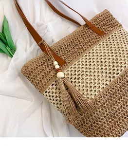 Dettaglio della borsa tote intrecciata con trama bicolore in paglia e nappa in legno