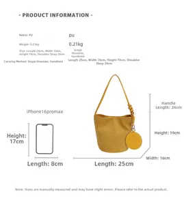 Size guide for ginger yellow suede PU bucket bag showing 25x16x19cm dimensions and weight