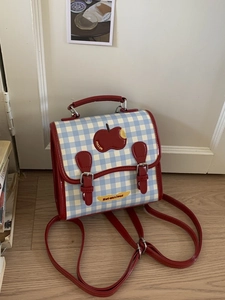 Zaino Mini in Pelle PU a Quadri Gingham Moda Donna Stile College Borsa Scuola Con Toppa Ricamata Mela Zainetto Casual da Viaggio
