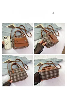 Detailed views of the British plaid crossbody bag showing front side and bottom textures