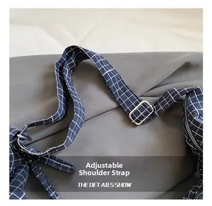 Detail of adjustable strap with silver metal buckle on a blue checkered shoulder bag