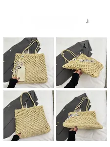 Detailed views of a beige hollow straw woven tote bag with bead tassel and inner lining