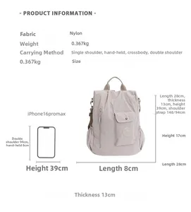 Detailed size chart for beige nylon multifunctional travel backpack with measurements