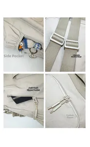 Detail view of khaki nylon backpack showing side pocket, adjustable strap, and anti-theft zip