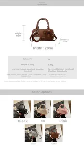 Detail view of stylish cylinder bow bag with heart mirror charm and size parameters