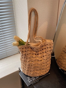 Handmade Crochet Woven Straw Bucket Bag For Women Large Capacity Hollow Out Drawstring Shoulder Bag Summer Beach Vacation