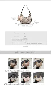 Detailed size chart for crescent shoulder bag featuring dimensions and PU fabric specs