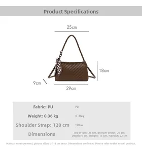Detailed view of brown woven PU leather bag with polka dot scarf and precise dimensions