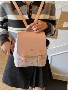 Rosa-weißer Schulrucksack für Damen mit Vintage-Schnallen und minimalistischem Graffiti-Muster