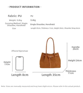 Size comparison of brown suede tote bag next to a smartphone with detailed dimensions