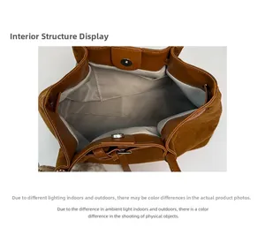 Internal structure of brown suede tote bag with grey lining and magnetic closure