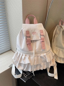 Schicker rosa gepunkteter Canvas-Rucksack mit Rüschensaum und Lederriemen für Damen