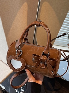 Women's Fashion PU Leather Bow Cylinder Bag Boston Shoulder Messenger Bag With Heart Mirror Pendant Summer Casual Small Purse