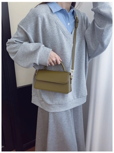Olive green vintage small square shoulder bag for women with leather texture and strap