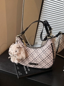 Trendy Women PU Leather Plaid Crescent Hobo Bag High Sense Underarm Shoulder Crossbody Bag With Plush Rabbit Charm