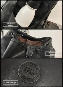 Detail view of black lychee grain leather backpack with drawstring and side pocket