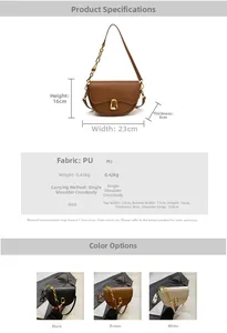 Detail view of stylish PU leather saddle bag with gold chain and dimensions overview