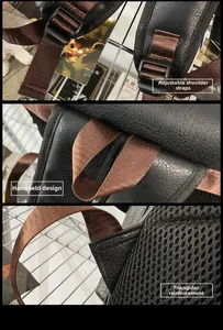 Detail of adjustable straps and reinforced triangle stitching on vintage leather backpack