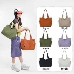 Collage of multi-colored nylon tote bags with side pockets and a model wearing the orange one