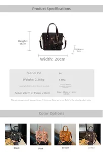 Detail showing dimensions 20x15x8cm and various colors of the printed bucket bag
