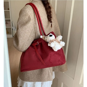 Retro deep red suede tote bag for women with plush bear charm and silver buckles