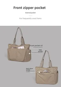 Detail showing multiple functional pockets and durable nylon fabric of the tote bag