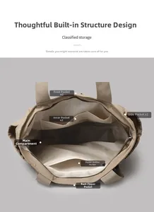 Detailed interior view of a khaki tote bag showing multiple storage compartments and pockets