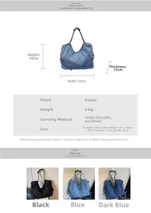 Tabella taglie dettagliata per borsa tote in denim grande con misure e specifiche materiali