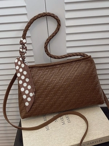 French Retro Woven PU Leather Underarm Bag For Women Fashion Bucket Shoulder Bag With Polka Dot Scarf Handbag Purse
