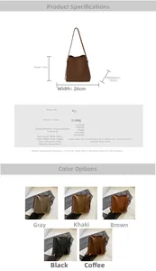Detailed size chart for retro PU leather bucket bag with 26cm width and 106cm strap