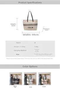 Detailed size chart for large canvas tote bag with specific dimensions and fabric weight