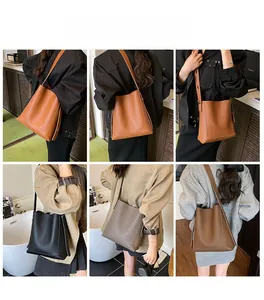 Collage of leather bucket bags in six colors being worn by a model in lifestyle settings