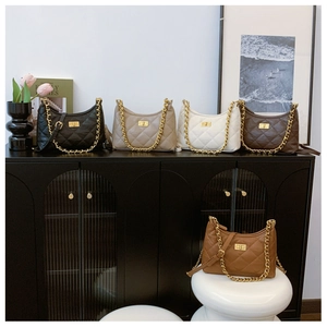 Detailed display of five elegant quilted dumpling bags with gold chain straps in various colors