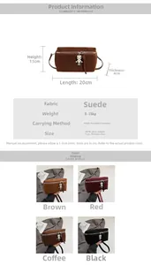 Detail view of mini suede crossbody bag with robot charm and 20x11x4cm size specs