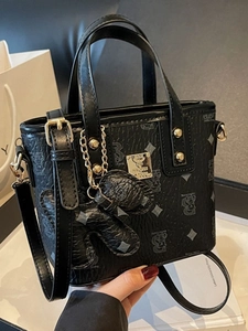 Women Vintage Monogram Bear Print PU Leather Bucket Bag Fashion Crossbody Handbag With Removable Shoulder Strap Small Tote