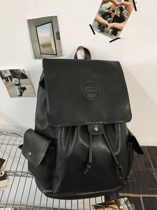 Retro black leather backpack with drawstring closure and large capacity storage