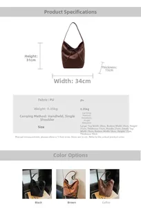 Detailed size chart for retro PU leather tote bag with dimensions and color options