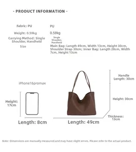 Tableau des tailles du grand sac cabas marron tissé avec comparaison iPhone 16 Pro Max
