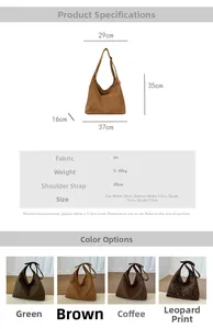 Detailed size chart and material specifications for large leopard print tote bag
