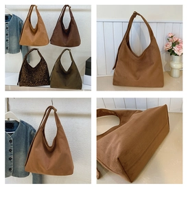 Detail showcasing large hobo bag in leopard print, brown, and olive green suede textures