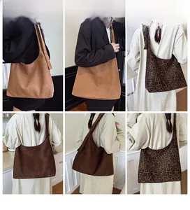 Multiple views showing large leopard print and solid faux suede tote bags for women