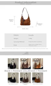 Detailed size specifications and color comparison for the suede crescent crossbody bag