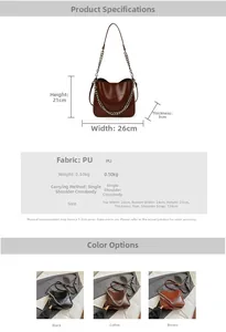 Detailed dimensions of the retro PU leather bucket bag with metal chain and strap