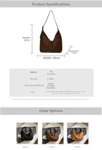 Detailed chart showing faux suede hobo bag dimensions and available color options