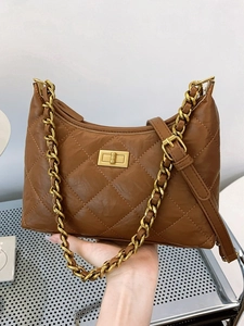 Brown quilted diamond lattice dumpling hobo bag with gold twist lock and chain strap