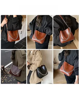 Detail shots showing retro leather bucket bag with metal chain and adjustable strap