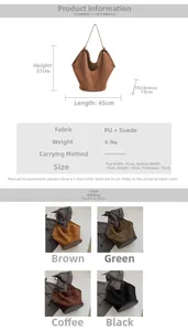 Detailed size and material chart for large vintage tote bag showing PU and suede texture